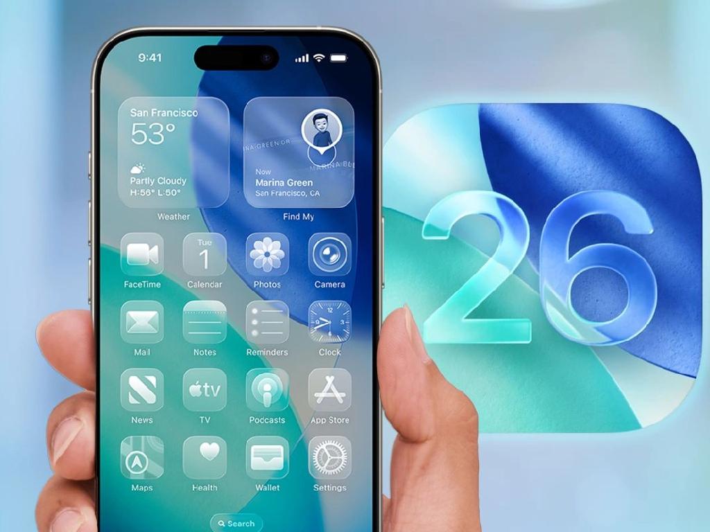 رابط کاربری iOS 26 روی نمایشگر آیفون ۱۷ با آیکونهای جدید و طراحی شفاف
